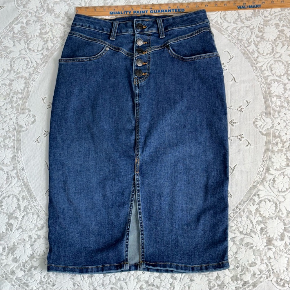 Ophelia Roe Women’s Blue Denim Skirt with Front Slit‎ Button Fly Pockets size 6